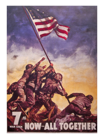 USA war bond poster with photograph of flag raising at Iwo Jima