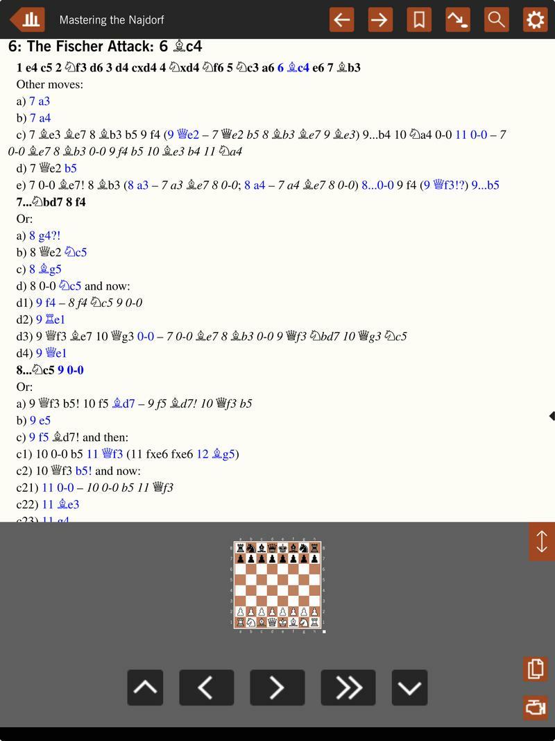 Screenshot showing an index of variations in the Fischer Attack in the Najdorf Defence.